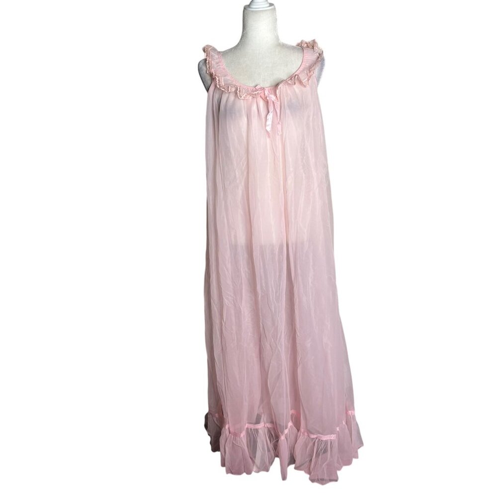 Vintage 60s Sheer Chiffon Tulle Nightgown Large Pink Ruffle Trim Bow Accent
